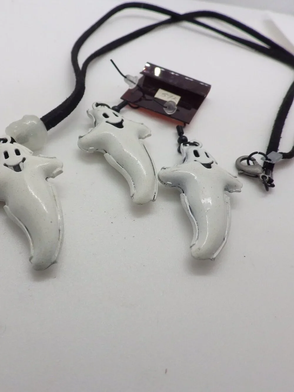 Halloween Puffy Ghost Necklace & Earrings on Leather Cord 902G1